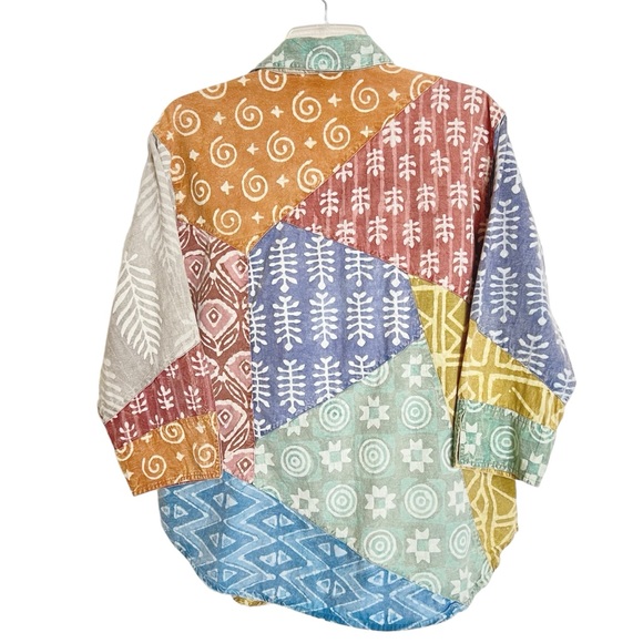 Sacred Threads Multi Print Patchwork Top Size L Womens Collared Cotton Southwest - Picture 4 of 7